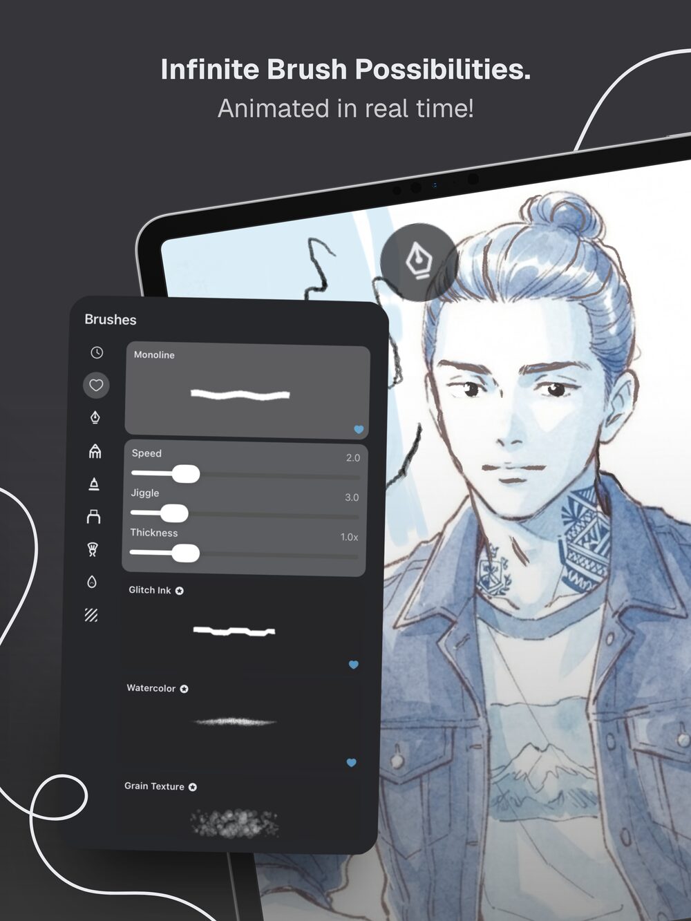 Doodraw animated brush list on iPad with speed, jiggle and thickness sliders