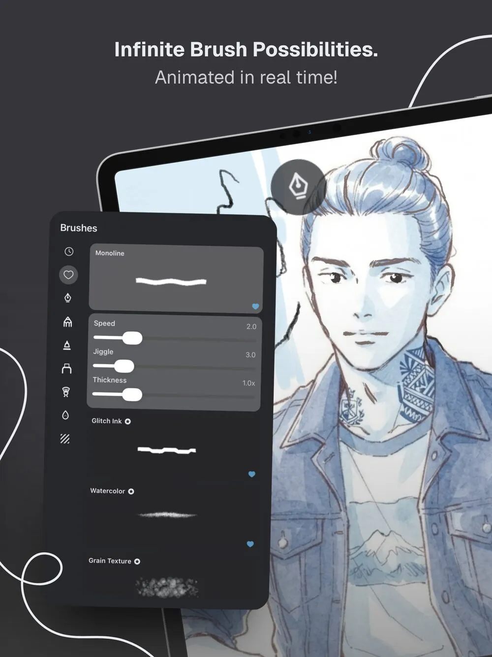 Doodraw brush list on iPad with Speed, Jiggle and Thickness sliders for animated brushes