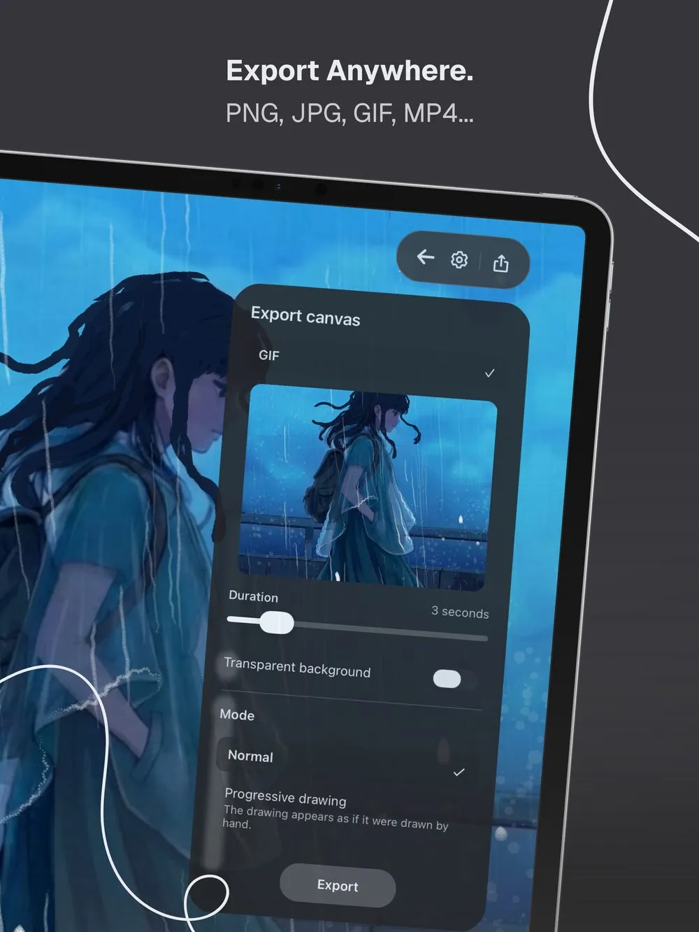 Doodraw export sheet on iPad with GIF selected, a Duration slider, Transparent background toggle and Normal or Progressive drawing mode