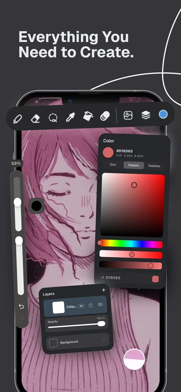 Doodraw on iPhone with the drawing toolbar, color picker and layers panel open over a portrait drawing