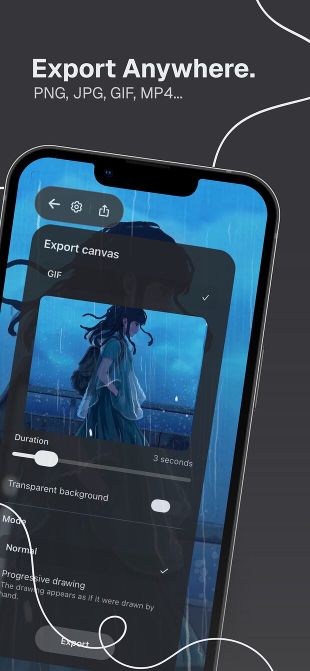 Doodraw export panel on iPhone with GIF, Animated PNG and MP4 options
