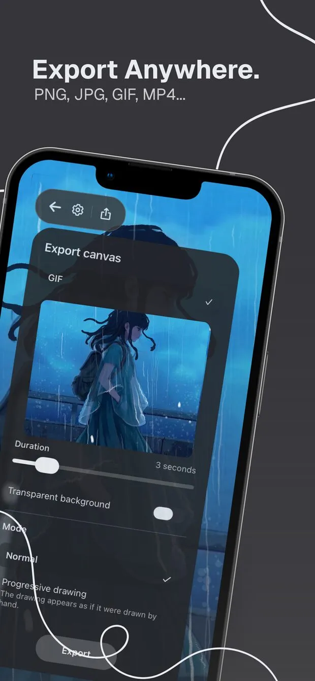 Doodraw GIF export sheet on iPhone with duration slider and transparent background toggle