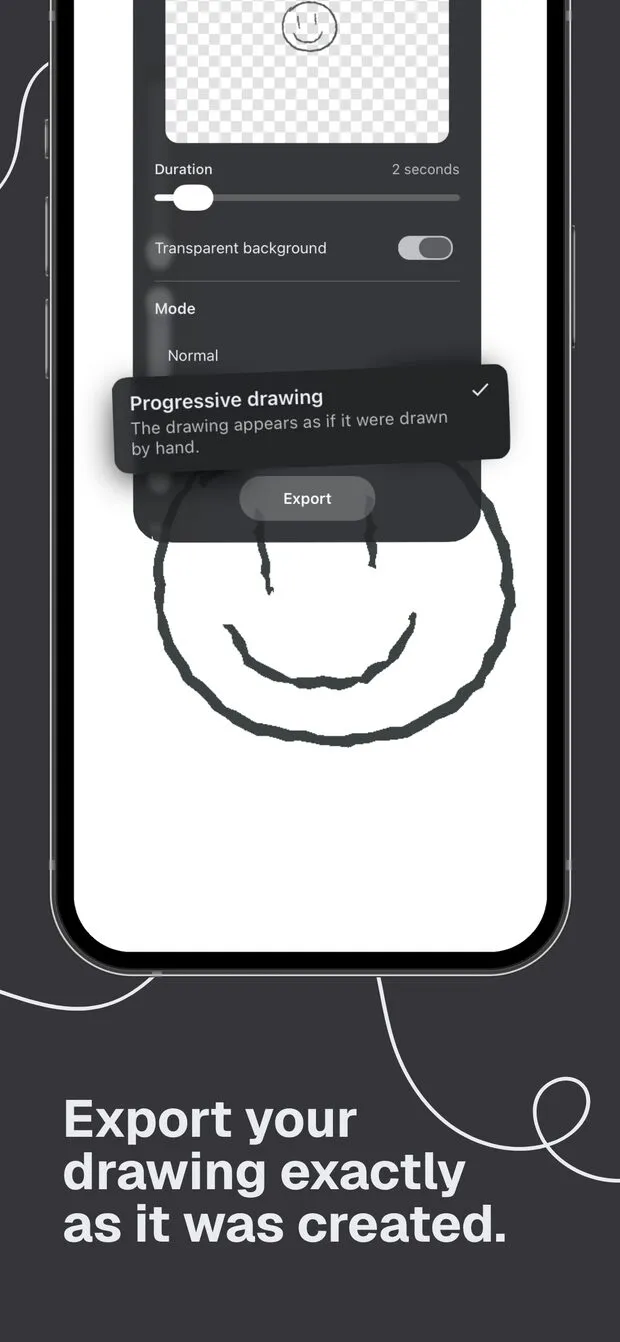 Doodraw export panel on iPhone with Transparent background turned on and Progressive drawing selected, above a hand-drawn smiley face